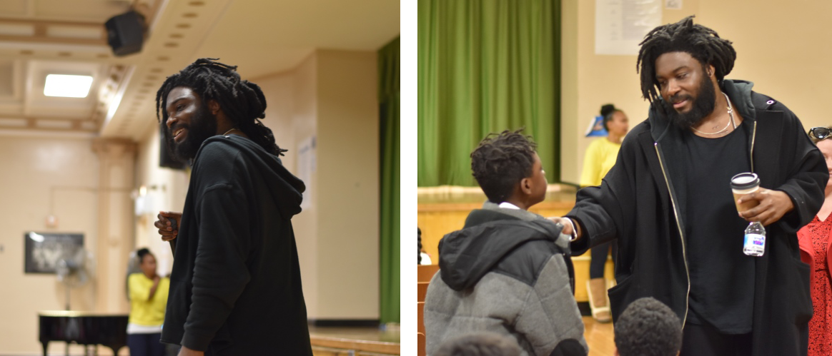 Jason Reynolds talks with students.