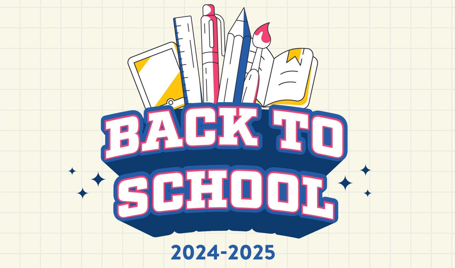 QPL's Back-to-School 2024 logo: a graphic with drawings of a tablet, a ruler, a pen, a pencil, a paintbrush, and an open book, on a background resembling a piece of graph paper, with the words "Back To School 2024-2025."